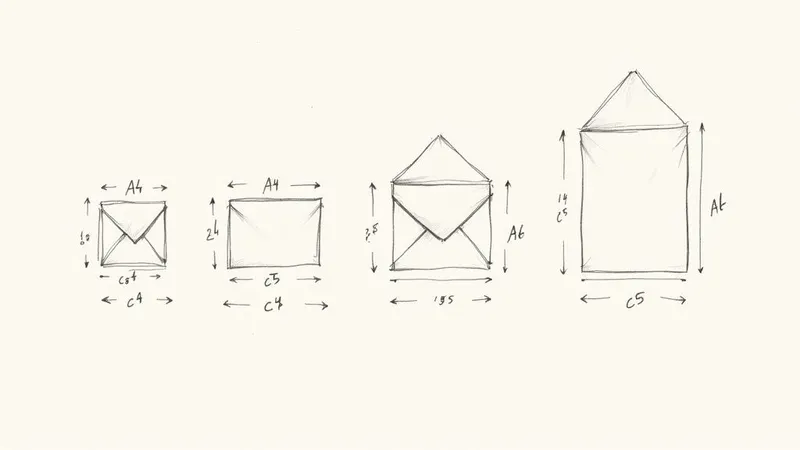 Technical diagram showing four standard envelope sizes with measurements labeled A4, C4, A6, and C5