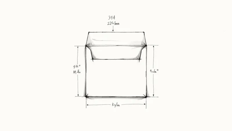 Technical drawing showing envelope dimensions with measurements labeled in inches and millimeters