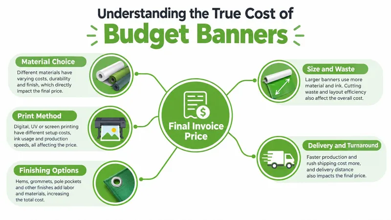 An infographic showing factors that influence the final price of budget banner printing services.