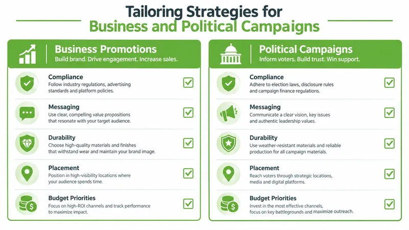 A comparison chart outlining strategic considerations for business promotions versus political campaigns across five key areas.