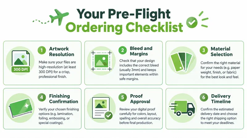 A six-step pre-flight ordering checklist infographic showing requirements for print quality, design layout, and material selection.