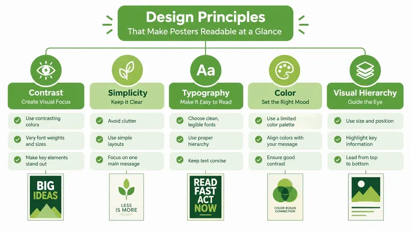 An infographic titled Design Principles that Make Posters Readable at a Glance, featuring five core graphic design concepts.