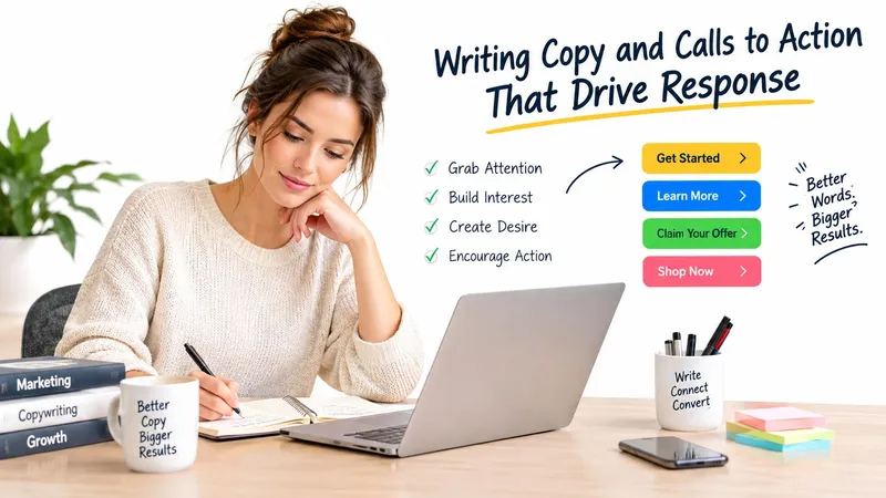 A professional woman writing in a notebook next to a laptop with call-to-action buttons displayed nearby.