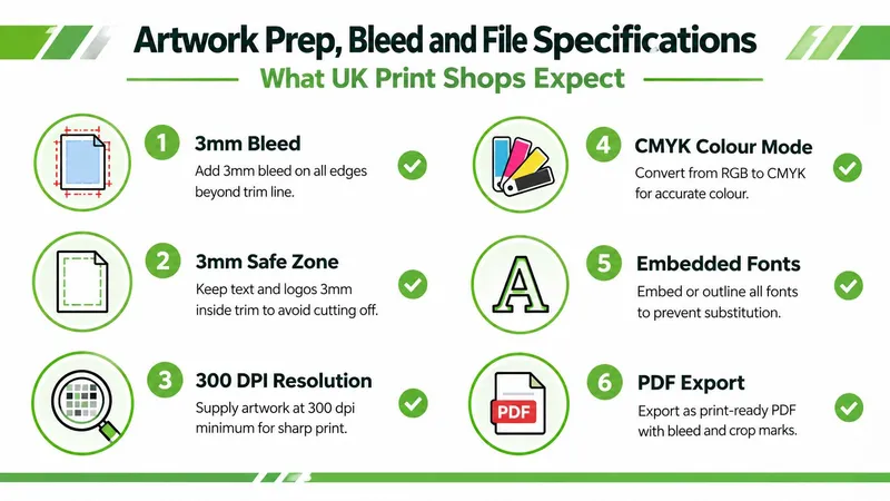 An infographic detailing six essential steps for preparing print-ready artwork for professional UK print shops.