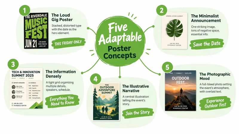 A visual guide illustrating five diverse concepts for designing effective and professional event posters.