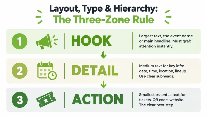 A visual guide explaining the three-zone rule for organizing event posters using hierarchy, hooks, details, and actions.