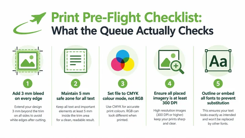 A print pre-flight checklist infographic with five essential tips for preparing files for professional printing services.