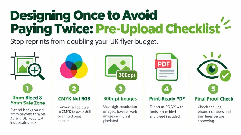 A five-step pre-upload checklist infographic for designing high-quality print-ready flyers to avoid costly reprints.