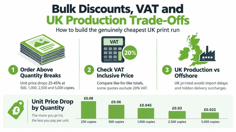 An infographic detailing tips for securing the cheapest print runs in the UK, including quantity breaks and VAT considerations.