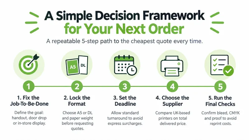 A simple five-step infographic showing how to get the cheapest printing quote for your business order.