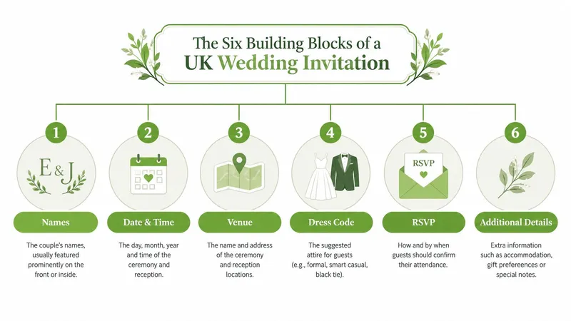 A diagram outlining the six essential building blocks for designing a traditional UK wedding invitation card.