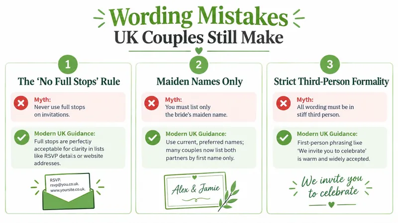 An infographic titled Wording Mistakes UK Couples Still Make displaying three common wedding invitation myths and modern alternatives.
