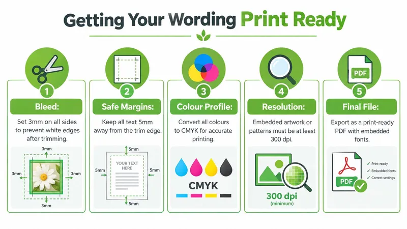 An infographic showing five essential steps to prepare designs for professional printing, including bleed and resolution requirements.