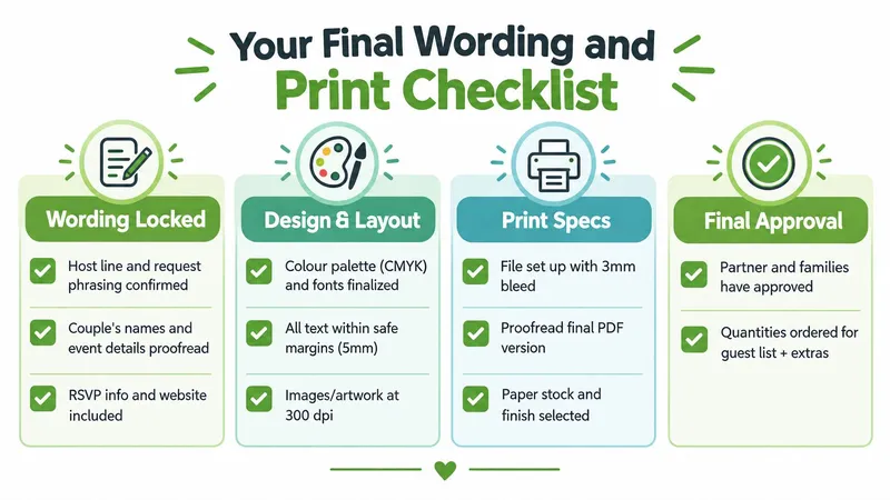 A checklist infographic titled Your Final Wording and Print Checklist for wedding invitations with four categories.