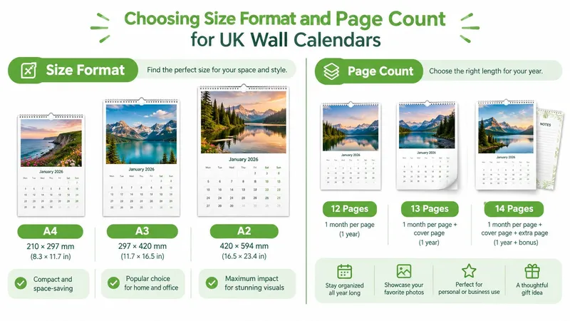 An infographic showing size formats A4, A3, A2 and page counts for designing UK wall calendars.
