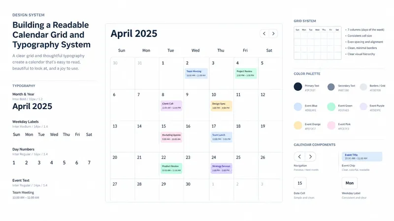 A detailed design system guide showcasing a structured monthly calendar grid, typography, and color palette components.