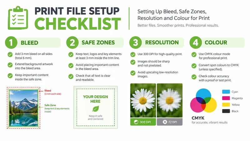 An infographic checklist for print file setup including bleed, safe zones, resolution, and CMYK colour settings.