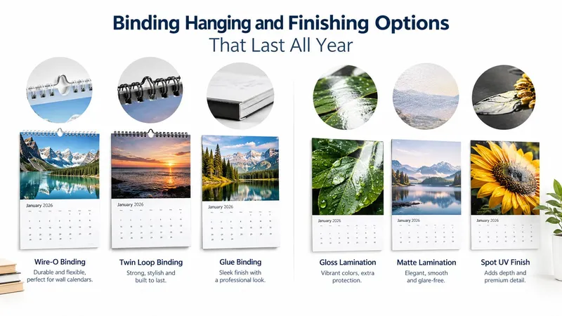 A visual guide displaying various binding, hanging, and finishing options for professional custom wall calendar designs.