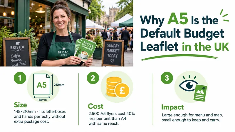 A cafe owner holds A5 leaflets highlighting the benefits of using this size for business advertising.