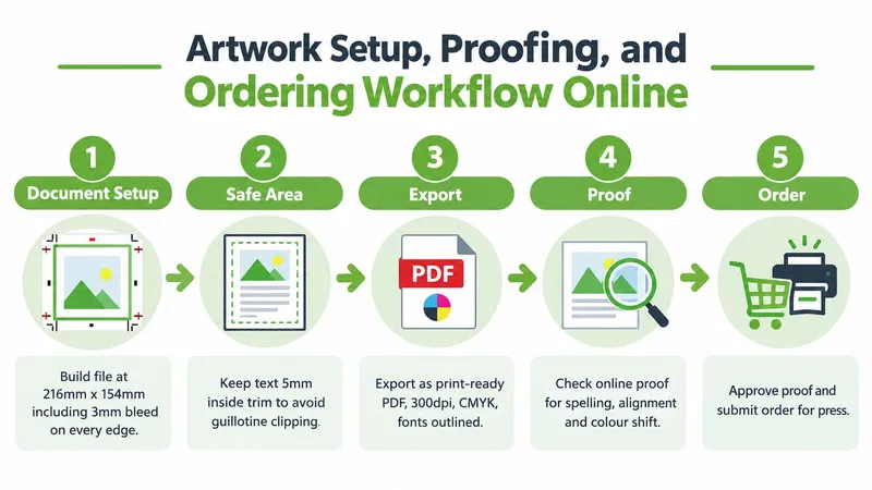 A five-step infographic showing the artwork setup, proofing, and online ordering workflow for professional printing services.