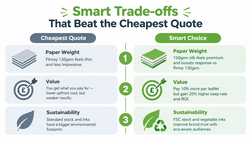 A comparison chart showing why choosing premium materials over the cheapest leaflet printing option provides better value.