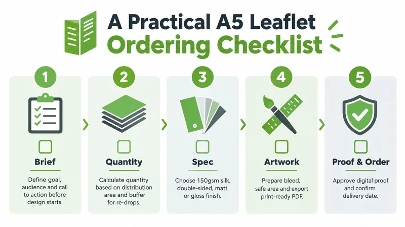 A checklist infographic illustrating the five steps for ordering professional A5 leaflets for business marketing campaigns.