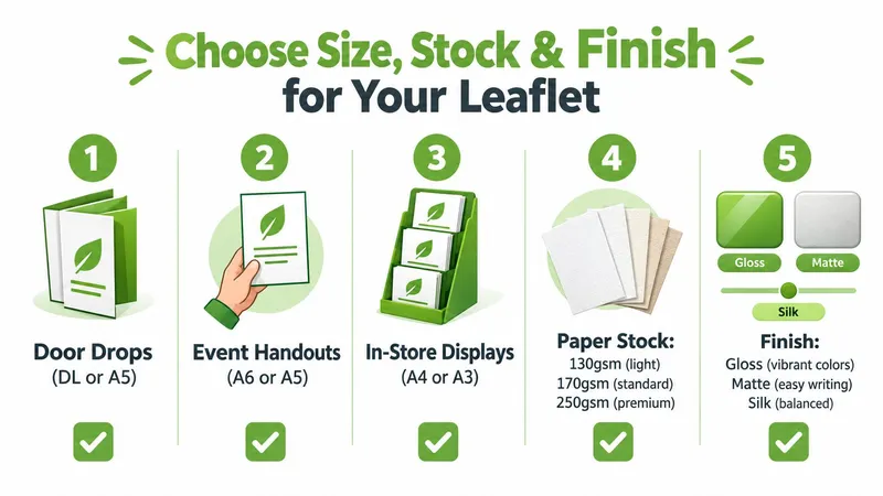 An infographic showing five steps for selecting leaflet sizes, paper stock, and finishes for printing services.