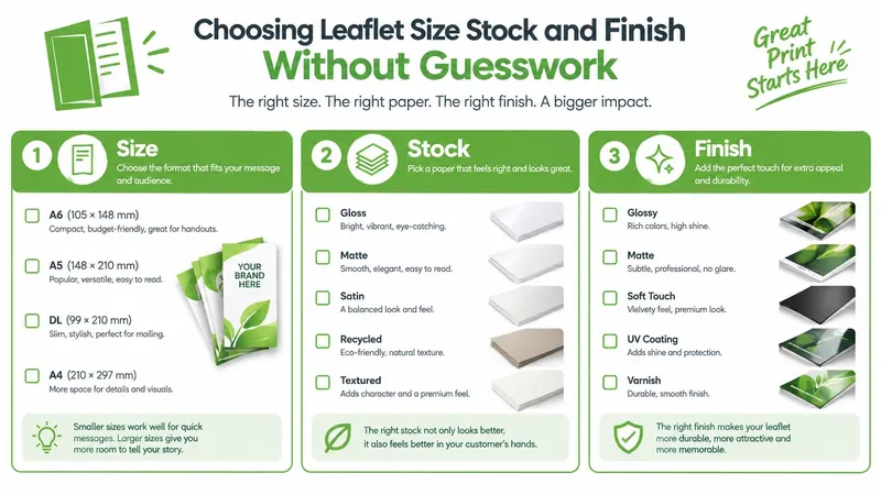 An infographic guide explaining how to choose leaflet sizes, paper stocks, and finishing options for printing.