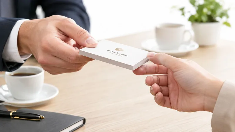 A professional business person handing over a stack of thick business cards to a client at a desk.