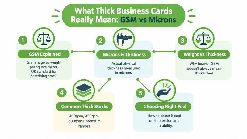 An infographic explaining the relationship between GSM, microns, and physical thickness for thick business cards.