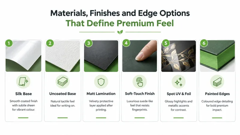 A graphic showing six different material, finish, and edge options for premium thick business cards.