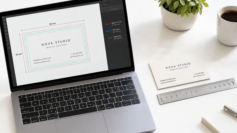 A modern laptop displaying a business card design template next to a physical card and ruler.