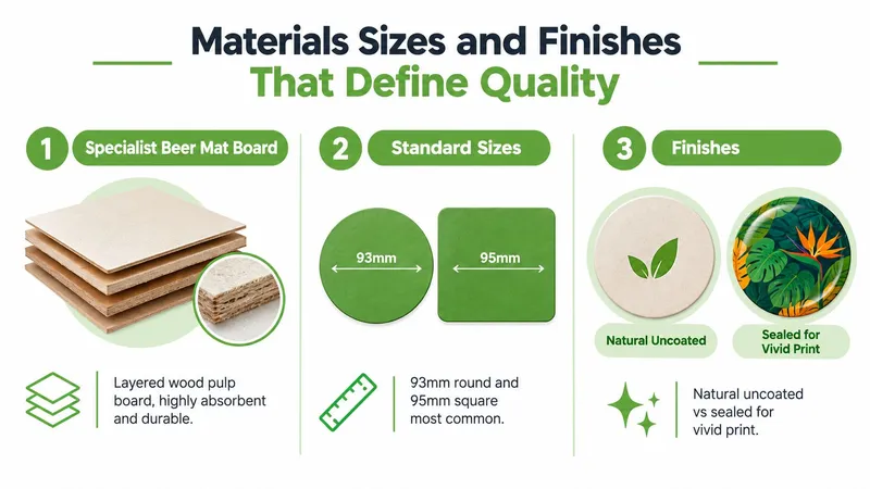 An infographic showing the materials, standard sizes, and finishes of high-quality printed beer mats.