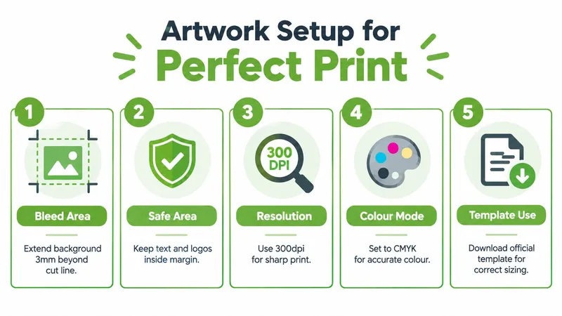 A five-step guide illustration demonstrating professional artwork setup requirements for achieving a perfect printing result.