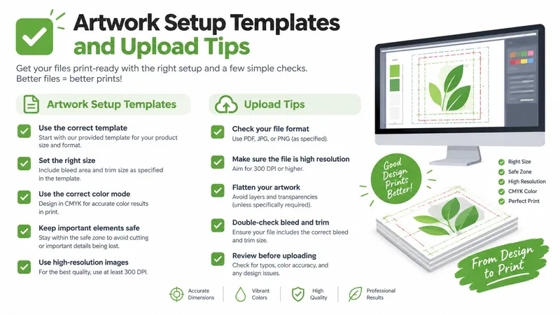A helpful infographic guide outlining best practices for setting up and uploading professional quality print-ready artwork files.