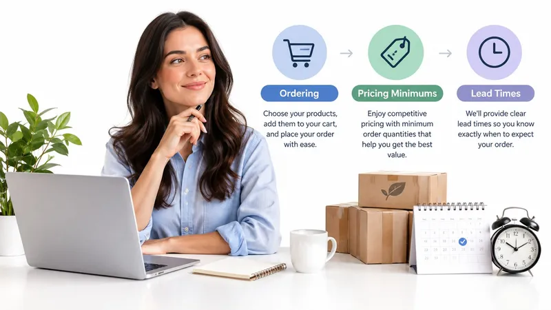 A woman at her desk looking at her laptop with a three-step order process infographic above her.