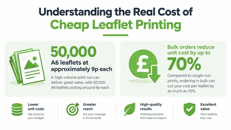 An infographic illustrating how ordering bulk quantities of A6 leaflets significantly reduces unit printing costs.