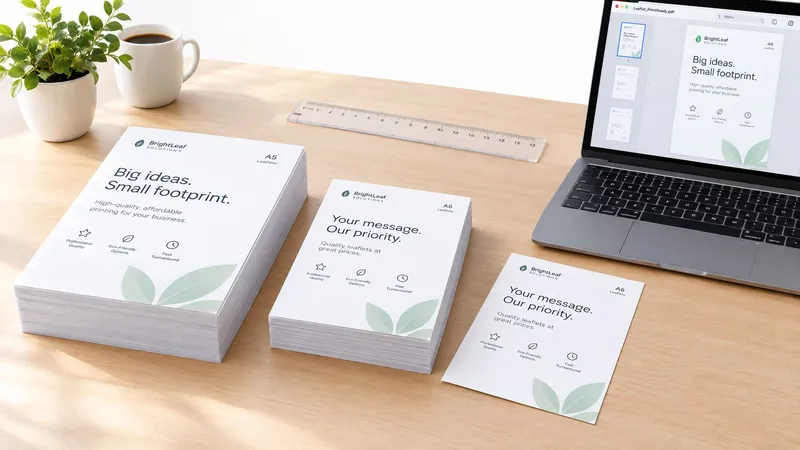 Stacks of professionally printed leaflets and a laptop displaying design templates on a wooden desk.