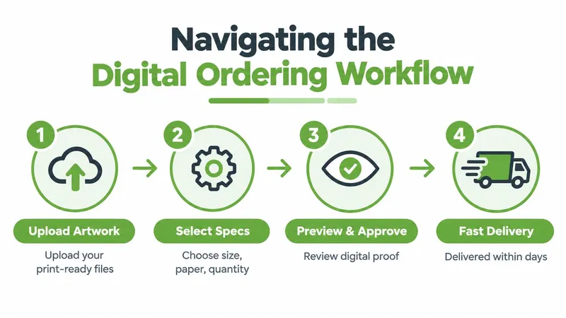 A four step infographic illustrating the digital ordering workflow for professional printing services and custom projects.