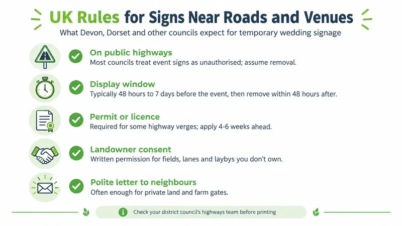 An infographic showing UK rules for placing temporary wedding sign boards near roads and venues.