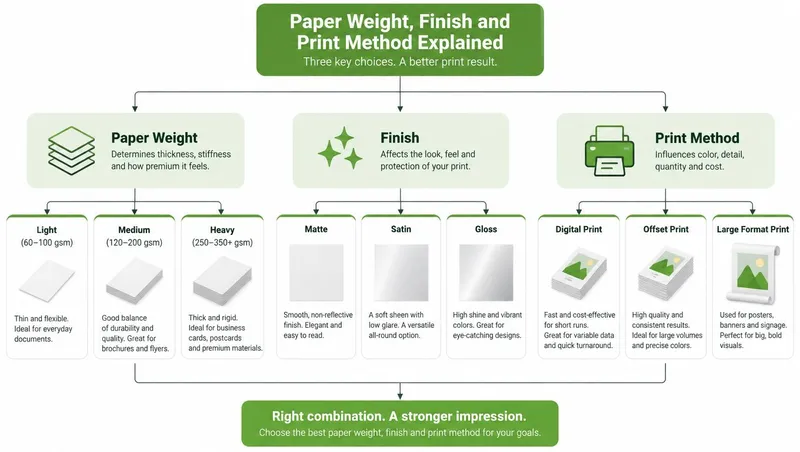 A flowchart explaining the factors of paper weight, print finish, and printing methods for high-quality printing results.