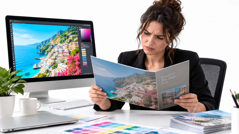 A concerned female graphic designer reviewing a travel brochure against her monitor showing a digital design layout.