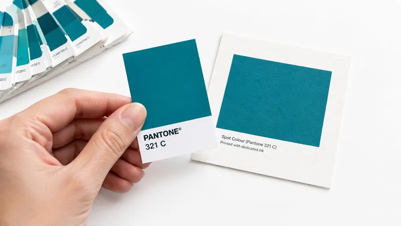 A hand holds a Pantone 321 C color swatch next to a printed spot color sample.