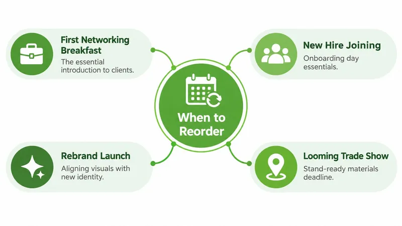 An infographic titled When to Reorder showing four key business scenarios for printing new promotional materials.