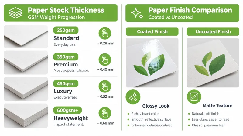 A comparison chart showing different paper stock thicknesses in gsm weights and coated versus uncoated paper finishes.