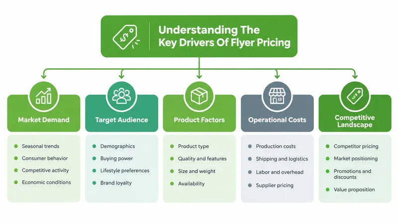 A flowchart illustrating the five key drivers of flyer pricing, including market demand, target audience, and operational costs.