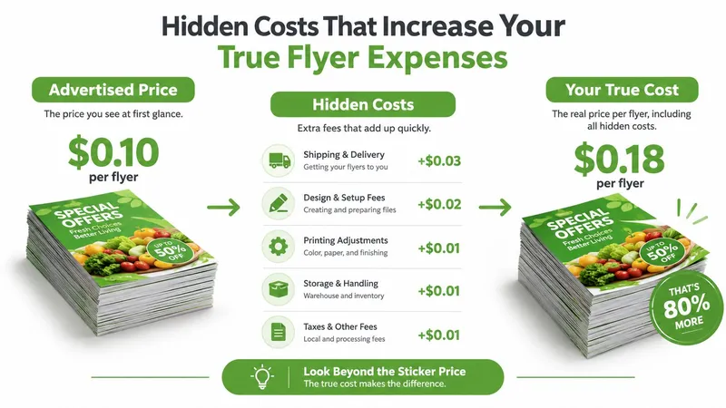 An infographic illustrating how hidden fees can increase the actual printing cost per flyer by eighty percent.