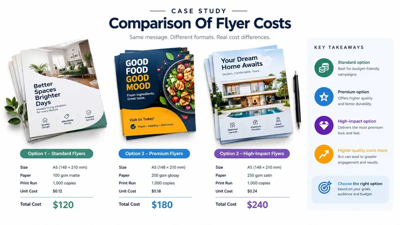 A comparative chart showing the costs of three different flyer printing options including standard, premium, and high-impact styles.