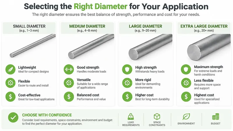 An infographic showing how to select the right diameter for metal rods based on application needs.
