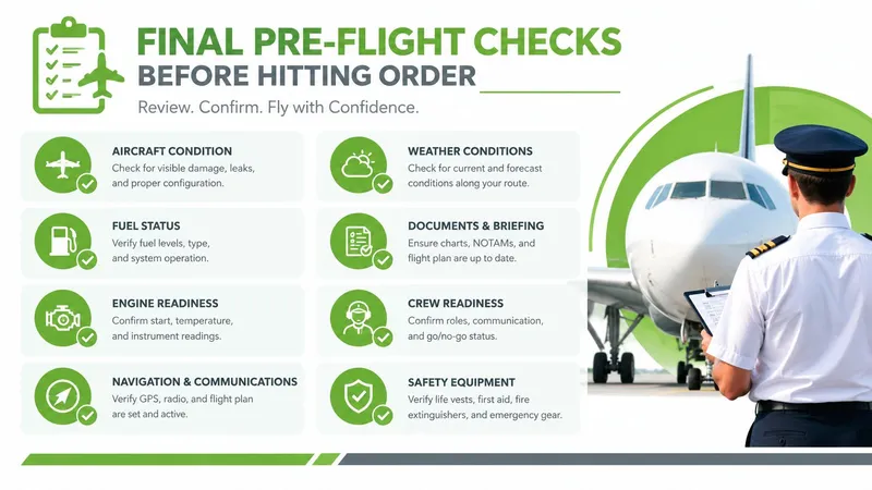 A pilot standing in front of an airplane reviewing a final pre-flight checklist for aviation safety preparation.